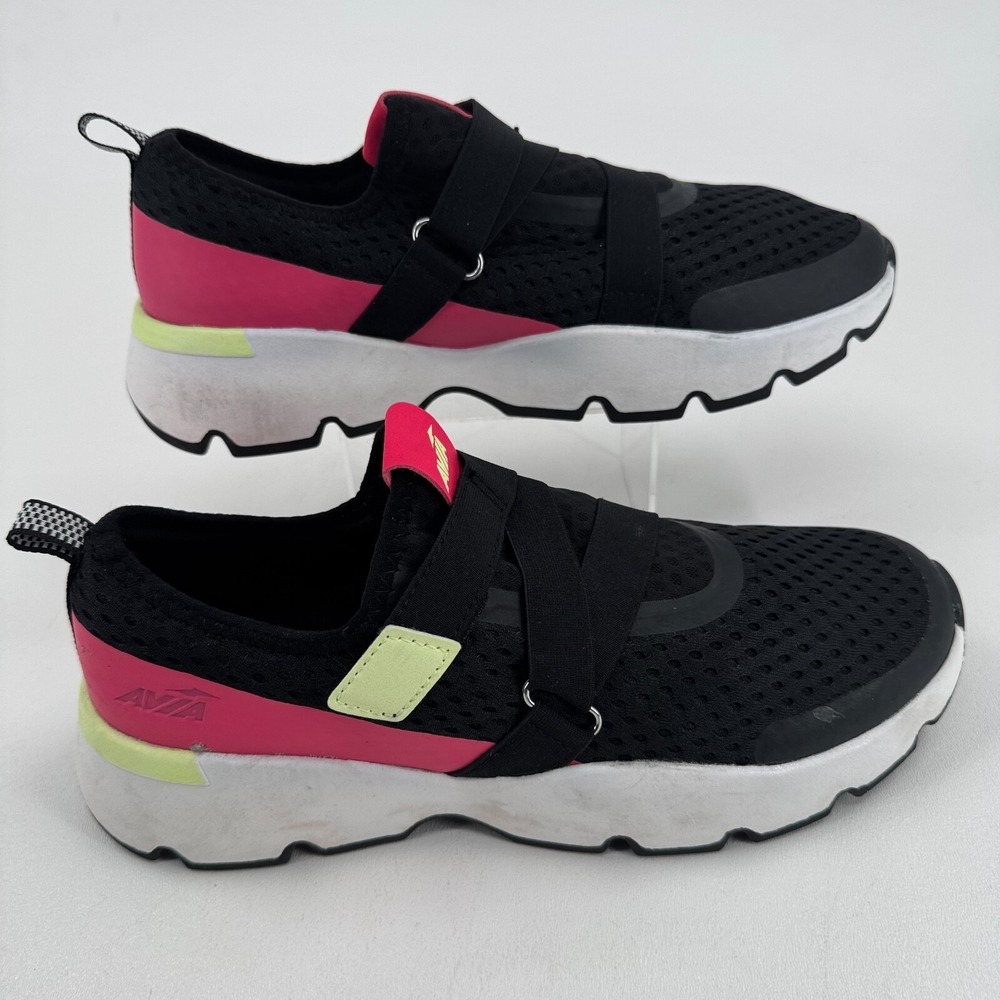 Avia Easy On Shoes WOMENS Black Pink Yellow Hook Loop Close Sneakers SIZE 10